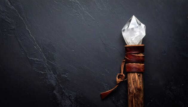 Magic staff with clear crystal on dark slate