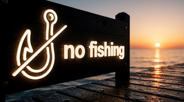 Illuminated no fishing sign on wooden dock at sunset. Glowing sign shows hook icon with cross over ocean background. Calm sea waves reflect golden light near pier. Prohibited fishing zone at beach