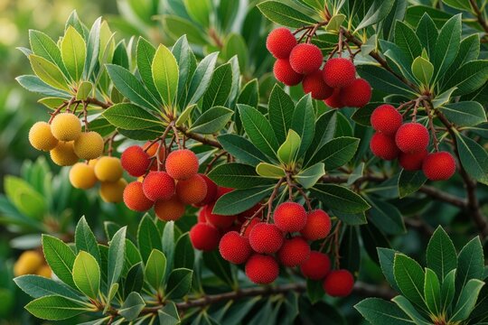 Arbutus unedo tree branch with ripe red and yellow berries. Evergreen shrub native to Mediterranean region, its fruits are edible and used for jams and liqueurs.