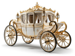 Fototapeta premium Luxury vintage wedding carriage with gold ornaments, white body. Elegant royal horse coach features ornate baroque design, decorative lamps. Antique ceremonial vehicle isolated on white background
