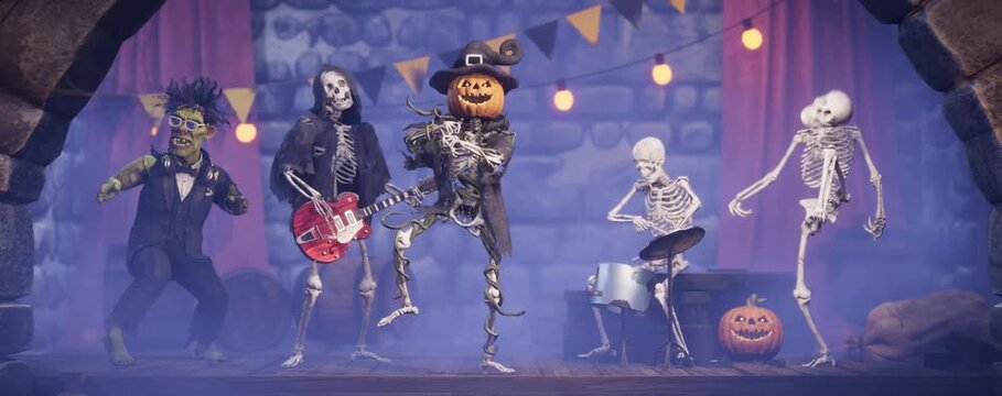 Scary pumpkin Jack O&rsquo; Lantern dancing with a skeletons. 3D animation of a Halloween party in a spooky dungeon.