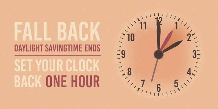Fall Back Daylight Saving Time Ends USA Retro Banner with Clock Arrow Illustration