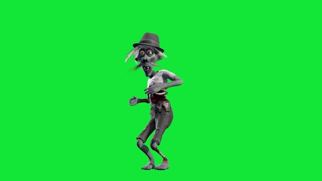 Funny and creepy zombie dancing isolated on a green screen. Halloween 3D animation