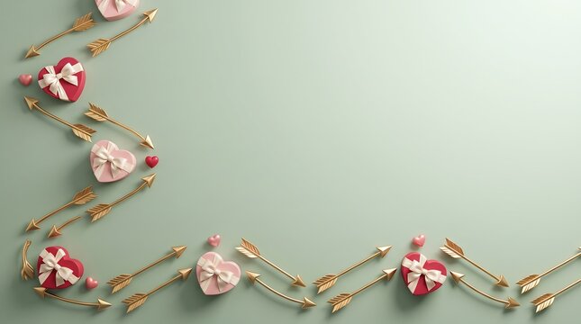 Decorative cupid arrows and heart gift boxes arranged on a sage green background