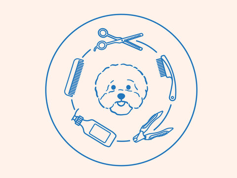Bichon Frise dog face surrounded by clippers, brush, comb, and scissors. Vector illustration for pet hygiene, fur care, styling, grooming salons, and professional pet care services.