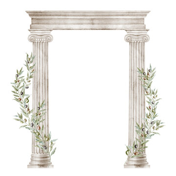 Roman portico watercolor illustration with green olive branches and classical ionic columns isolated on background. Mediterranean botanical architecture clipart for invitations, weddings stationery.