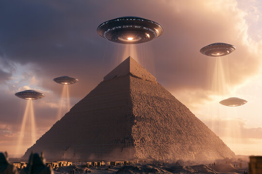 UFOs hover over the pyramid during sunset in desert location