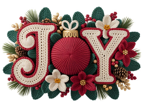 Festive knitted JOY Christmas sign with bauble and poinsettias