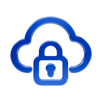 Glossy blue 3d cloud storage symbol combined with a secure padlock representing data protection and cyber security isolated on a transparent background