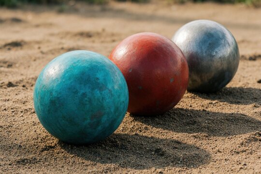 Three colored metal balls rest on sandy ground. Blue, red, silver spheres sit in row outdoors. Close up shot of heavy balls used for petanque bocce game. Sport equipment on dirt surface under