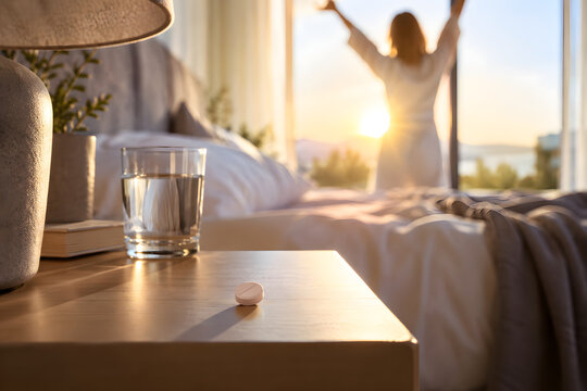 Photorealistic medication concept with a single tablet on a sunlit bedside table, symbolizing morning medication routine, wellness, daily health management and a fresh start.