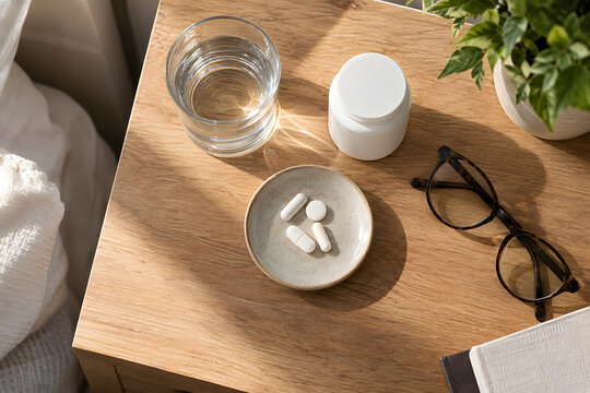 Minimalist healthcare still life with medicine bottle, tablets, water glass and eyeglasses on a wooden bedside table, representing medication management, daily health routine and wellness.