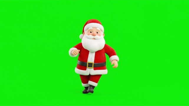Three dimensional animated character of santa claus waving and dancing against a solid green screen