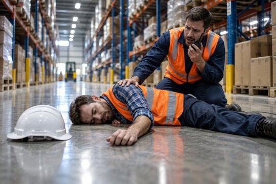 A warehouse worker reporting a work accident via walkie-talkie while helping a colleague.