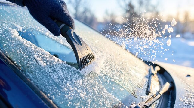 A person is using a scraper to remove snow from a car windshield. The scene takes place in winter with a clear blue sky and snow-covered surroundings