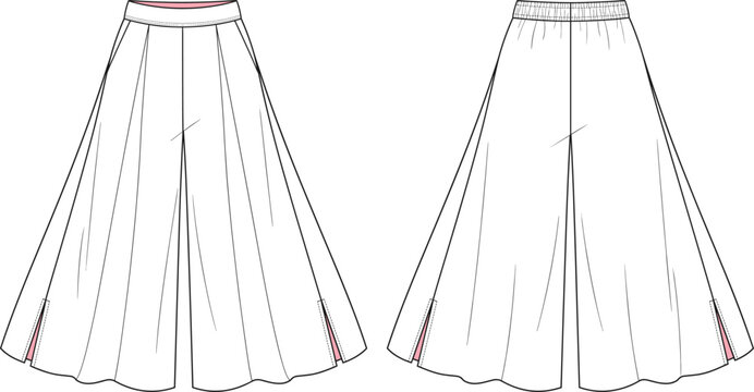 Wide Leg Culottes Front Back Elastic Waist Slit Fashion Sketch