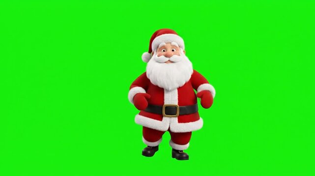 Three identical cartoon santa claus figures standing in a row against a solid green background