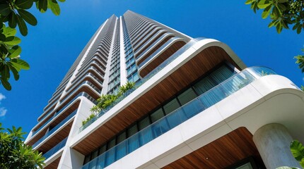 Obraz premium Modern skyscraper rises toward bright blue sky. Luxury highrise building features curved balconies with glass railings, wooden ceilings. Green plants decorate terrace levels. Sleek contemporary