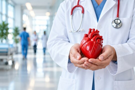 A doctor holding a red heart in a hospital office for medical health care service.