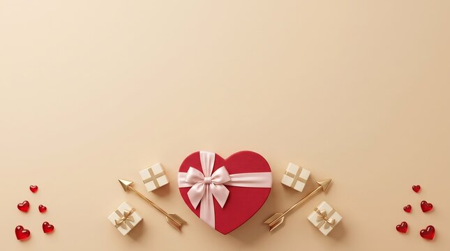 Heart shaped gift box with cupid arrows on a beige background with copy space