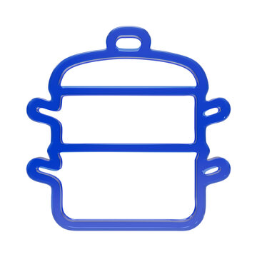 Blue 3d glossy outline of a double boiler or stacked steamer pot for kitchen and cooking themes isolated on a transparent background
