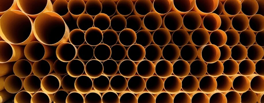 Stacked orange plastic pipes form abstract background. Long cylindrical conduits on construction site. Industrial material for plumbing and utilities.