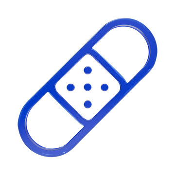 Glossy blue adhesive bandage plaster rendered in three dimensional style with reflective texture band-aid isolated on a transparent background
