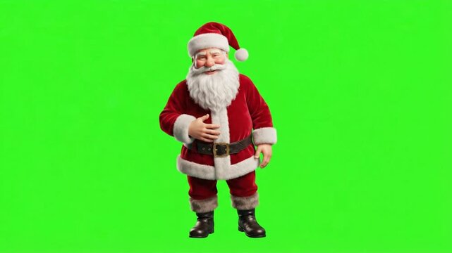 A cheerful elderly man in a red velvet suit laughing on a solid green background with white beard wearing