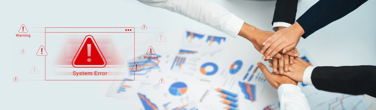 Diverse hands come together to address a system error, surrounded by analytical charts, emphasizing teamwork and swift response in a business setting. Cyphers