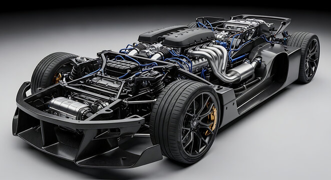 Modern super sport car chassis with powerful engine and carbon fiber body details