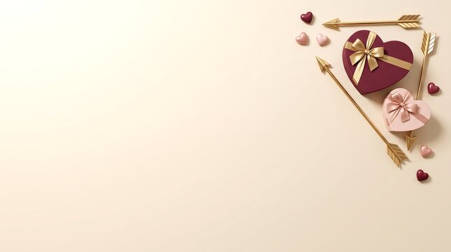 Heart shaped gift boxes and golden cupid arrows on a beige background with copy space