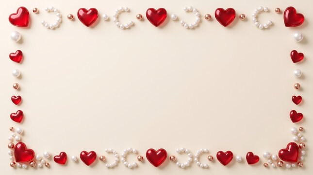 Red heart and pearl border frame on a light background with copy space