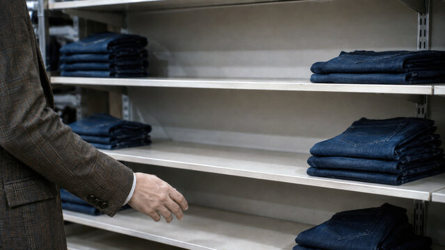 Partially empty retail shelves with folded blue jeans and a customer reaching toward the display, representing low inventory, shortage, demand, and clothing sales