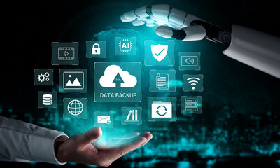 Obraz premium Artificial intelligence enhances data backup and cloud synchronization for secure storage and reliability Parse