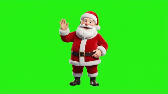 Animated santa claus character waving hand and standing on a bright green background screen