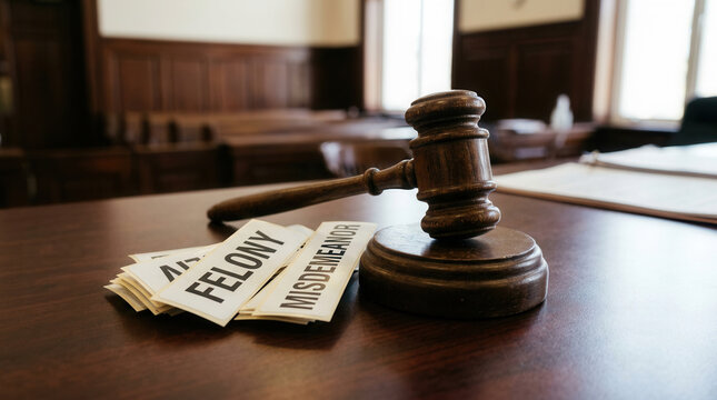 Justice Gavel Resting On Labels Of Felony And Misdemeanor In Courtroom