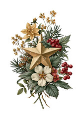 Obraz premium PNG Festive botanical bouquet with gold star, pine foliage, red berries