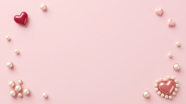 Decorative border of hearts and pearls on a soft pink background with copy space