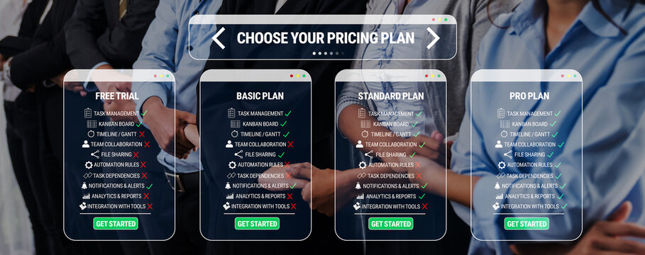 Pricing Plan Comparison for Software Services with Multiple Options Including Free Trial, Basic Plan, Standard Plan, and Pro Plan Quark.