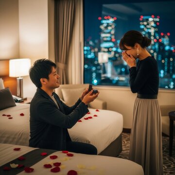 片膝をついた若い男性から結婚の申し込みをされる若い女性