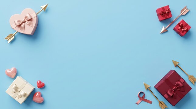 Valentine gift boxes and heart decorations arranged as a border on a blue background