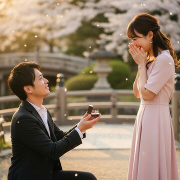 片膝をついた若い男性から結婚の申し込みをされる若い女性