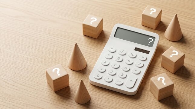 Minimalist concept of financial uncertainty and budget planning featuring a white calculator surrounded by wooden blocks with question marks on a desk
