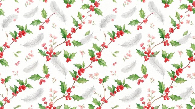 Beautiful festive watercolor holly berry pattern for a seamless holiday season christmas wallpaper background design