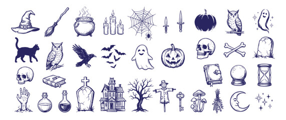 Obraz premium PHalloween witchcraft vector hand drawn blue sketch icons haunted house poster