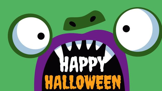 Spooky Halloween motion graphic background featuring a funny purple monster with giant eyes, sharp teeth, and Happy Halloween text