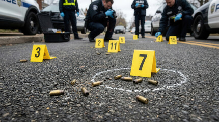 Police Investigate Crime Scene With Bullet Casings And Evidence Markers On Asphalt