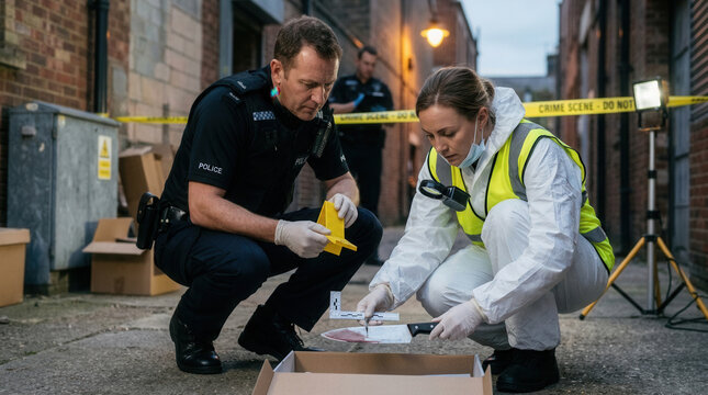 Police Officers Investigate Crime Scene Evidence With Knife And Forensics