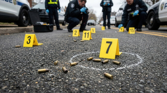 Police Investigate Crime Scene With Bullet Casings And Evidence Markers On Asphalt