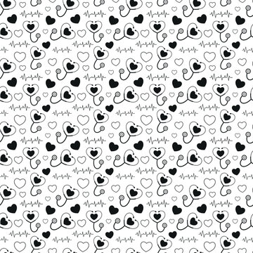 nurse instrument, heartbeat pulse stethoscope seamless pattern of medical symbols